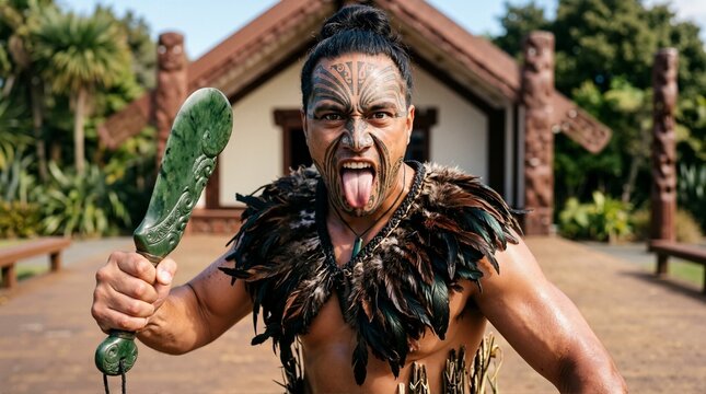 Maori warrior performing traditional Haka dance. Man with facial ta moko tattoo holding greenstone mere weapon. New Zealand cultural heritage concept