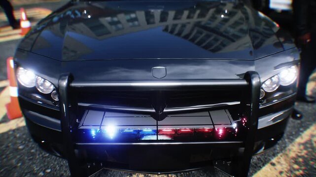 Police Car with Flashing Lights Near Police Department Building. Realistic 4k animation.
