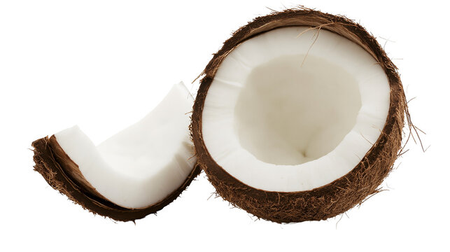 Isolated fresh organic tropical coconut fruit cut in half with a small piece