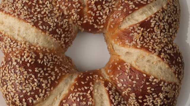 Turkish simit bagel with sesame seeds rotating