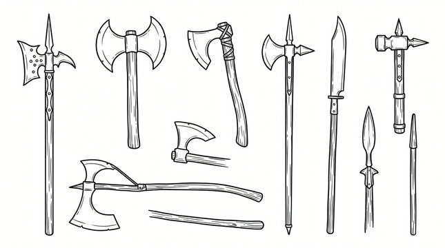 Historical Battle Axe Halberd Line Art Doodle Illustration Bundle Hand Drawn Double Headed Executioner Axe Viking Hatchet Polearm War Hammer Contour White Background Completely Textless