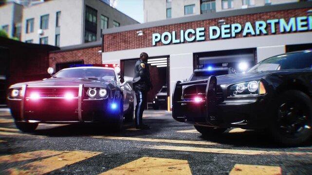 Police Car with Flashing Lights Near Police Department Building. Realistic 4k animation.