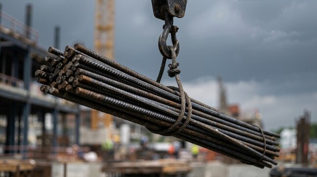 Steel rebar bundle lifted by crane hook at construction site. Heavy metal bars suspended in the air
