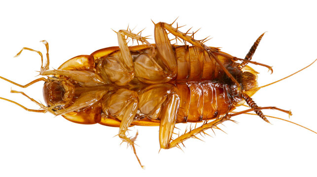 Isolated dead cockroach lying on its back with legs up, showing its underside anatomy