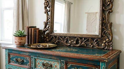 Fototapeta premium Vintage gold framed mirror on a distressed boho dresser. Bohemian home decor with antique books, succulent, and jewelry tray. Cozy interior design