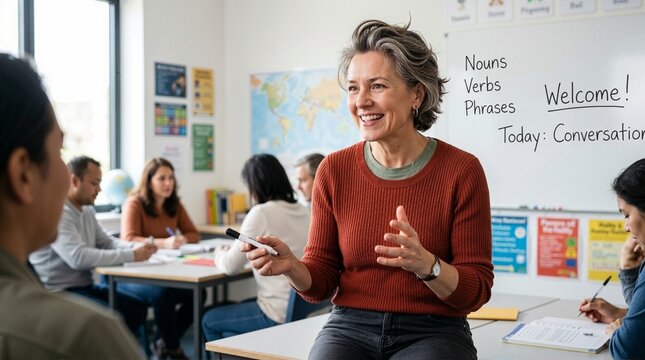 Middle aged female volunteer teaching English to adult immigrants. Language class with teacher gesturing in front of whiteboard