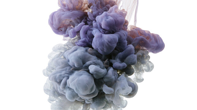 Isolated colorful ink dissolving in water, abstract vibrant purple blue smoke cloud motion