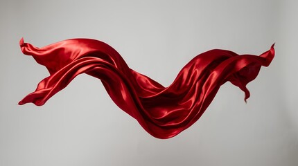 Fototapeta premium Flowing red satin fabric caught mid-wave with smooth glossy folds catching warm highlights against a clean light gray studio background, luxury textile display