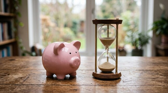 Pink ceramic piggy bank beside wooden hourglass with flowing sand on rustic wooden table, soft natural window light, blurred cozy interior background with books and greenery, savings and time concept