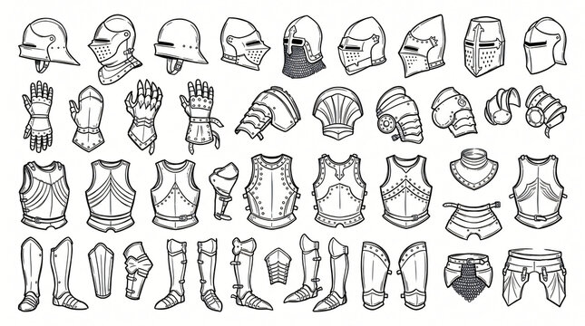 Medieval Plate Armor Knight Helmet Line Art Doodle Element Set Hand Drawn Sallet Bascinet Gauntlet Pauldron Iron Breastplate Contour Black White Isolated White Background Textless