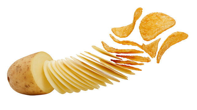 Isolated raw potato transforming into crispy delicious golden fried potato chips snack