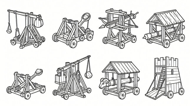 Ancient Siege Engine Line Art Doodle Illustration Collection Hand Drawn Medieval Wooden Catapult Trebuchet Ballista Battering Ram Wheel Stroke Thickness White Background Textless Words