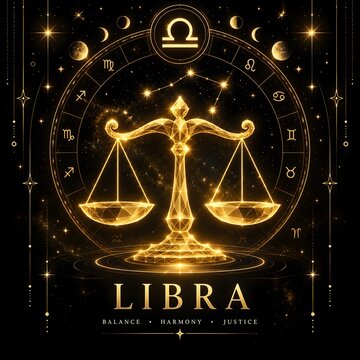 Luxury Libra Zodiac Symbol with Golden Scales, Astrology Horoscope and Cosmic Starry Background. 