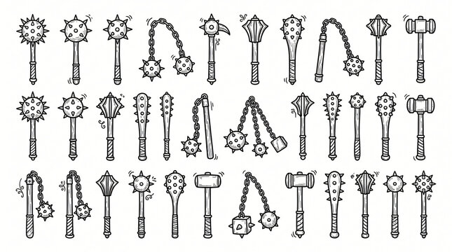 Medieval Mace Flail Weapon Line Art Doodle Diagram Collection Hand Drawn Spiked Morning Star War Club Heavy Flail Chain Bludgeon Minimal Line White Background Completely Textless Words