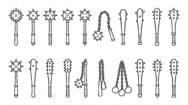 Medieval Mace Flail Weapon Line Art Doodle Diagram Collection Hand Drawn Spiked Morning Star War Club Heavy Flail Chain Bludgeon Minimal Line White Background Completely Textless Words
