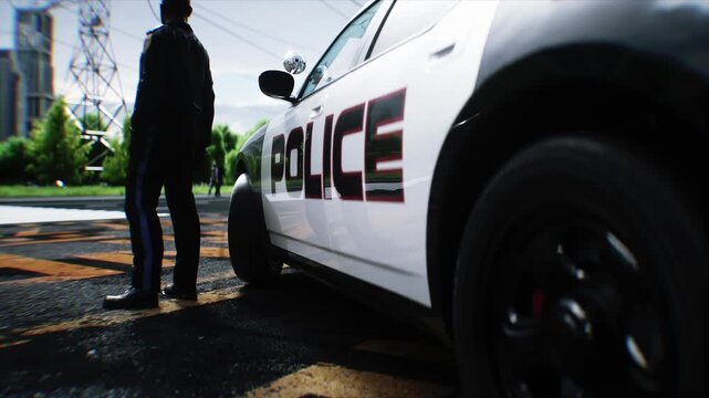 Police Car with Flashing Lights Near Police Department Building. Realistic 4k animation.