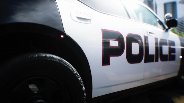 Police Car with Flashing Lights Near Police Department Building. Realistic 4k animation.