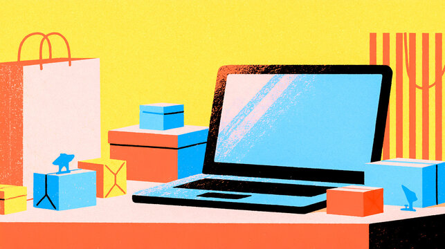 Retro risograph online shopping on a laptop with parcels / vintage poster

