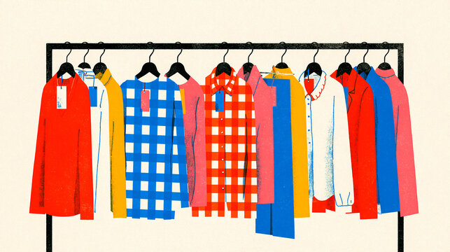 Retro risograph clothing rack in a boutique interior / vintage retail poster

