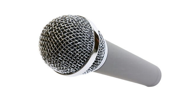 Isolated classic professional vocal microphone with silver mesh and gray body over black text label.