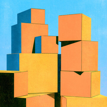 Retro risograph stack of cardboard delivery boxes / vintage e-commerce poster

