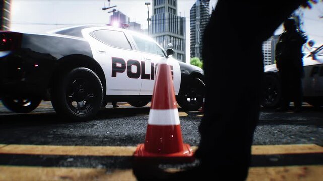 Police Car with Flashing Lights Near Police Department Building. Realistic 4k animation.