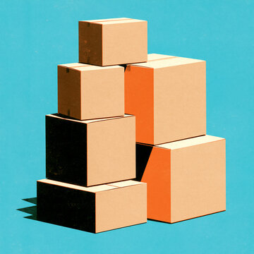 Retro risograph stack of cardboard delivery boxes / vintage e-commerce poster

