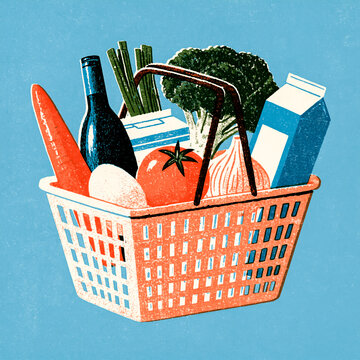 Retro risograph shopping basket filled with groceries / vintage retail poster


