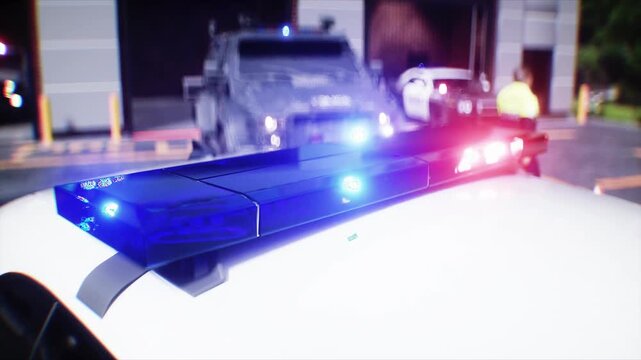 Police Car with Flashing Lights Near Police Department Building. Realistic 4k animation.