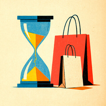 Retro risograph hourglass beside shopping bags for a limited time sale / vintage poster

