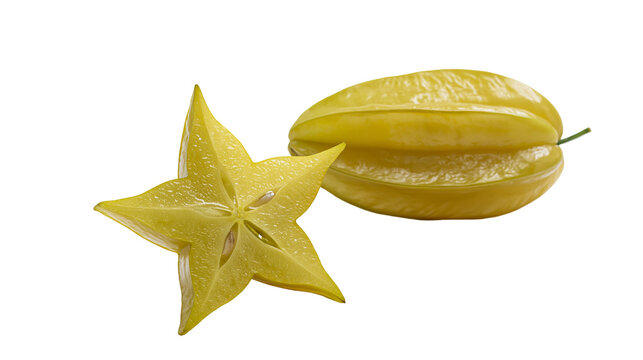Isolated fresh ripe star fruit and a sliced piece showing its unique star shape