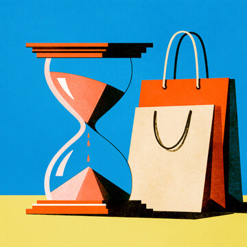 Retro risograph hourglass beside shopping bags for a limited time sale / vintage poster


