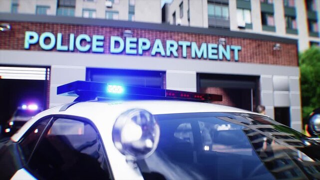 Police Car with Flashing Lights Near Police Department Building. Realistic 4k animation.