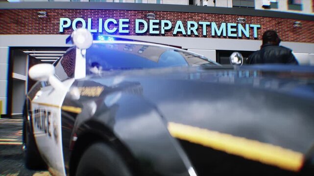 Police Car with Flashing Lights Near Police Department Building. Realistic 4k animation.