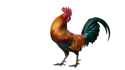 Isolated rooster standing gracefully, a vibrant farm bird with colorful feathers © Cian