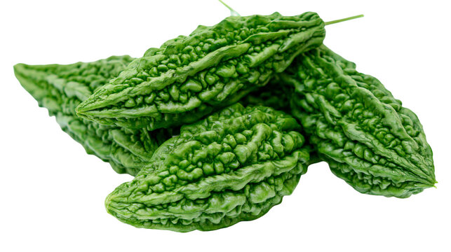 Isolated vibrant green bitter melon vegetables, also known as bitter gourds, raw food.