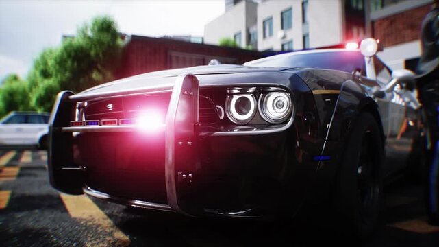 Police Car with Flashing Lights Near Police Department Building. Realistic 4k animation.