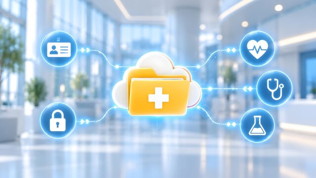 Cloud based healthcare database concept with medical folder merging into digital cloud and electronic health icons