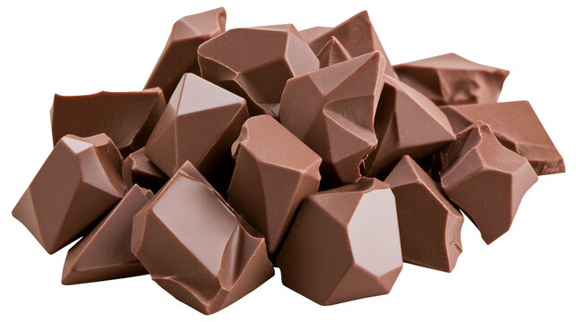 Isolated chocolate chunks scattered, delectable dark brown dessert candy broken pieces