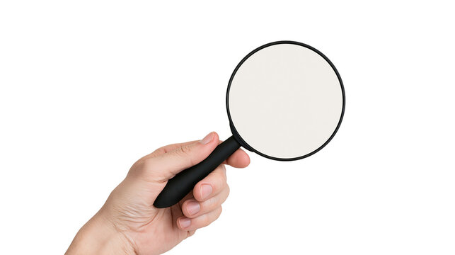 Isolated hand holding a magnifying glass, representing concepts of searching and analyzing