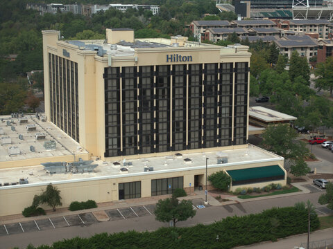 Fort Collins, Colorado, USA, 07, September 2026 The exterior of the Hilton Fort Collins hotel located on West Prospect Road near the university campus.