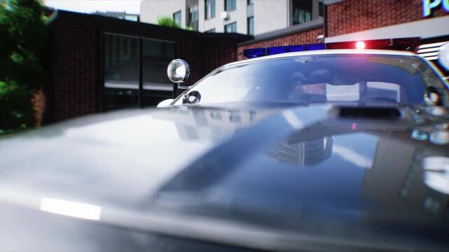 Police Car with Flashing Lights Near Police Department Building. Realistic 4k animation.