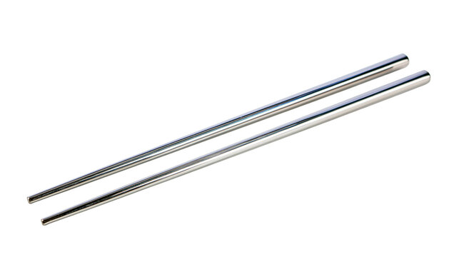 Isolated pair of shiny metallic chopsticks, sleek elegant reusable Asian dining utensils
