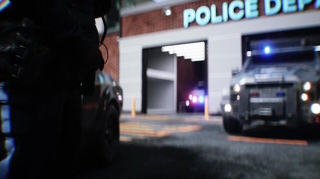 3d model of Police Officer Standing Near Patrol Car with Flashing Lights Outside Police Department. Realistic 4k animation.
