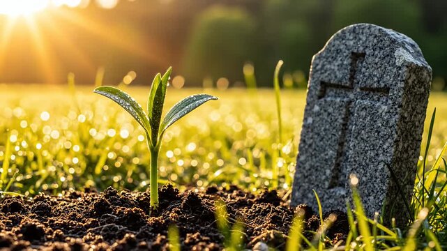 Small plant seedling emerging next to stone marker.