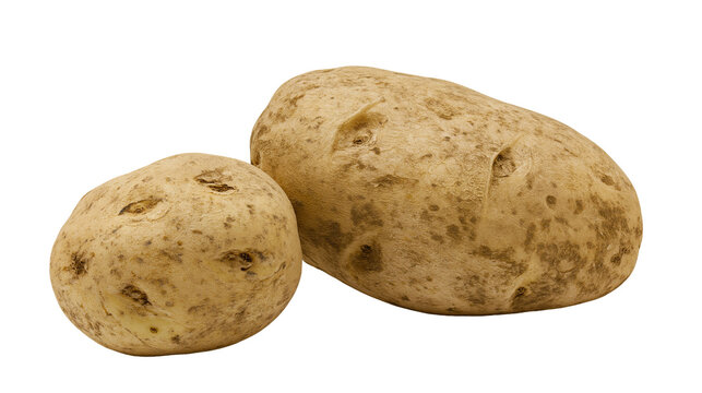 Isolated two whole, fresh, raw potatoes with textured skins, healthy organic vegetable produce.