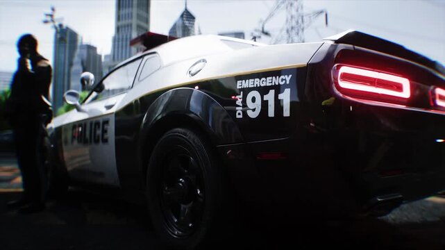 Police Car with Flashing Lights Near Police Department Building. Realistic 4k animation.