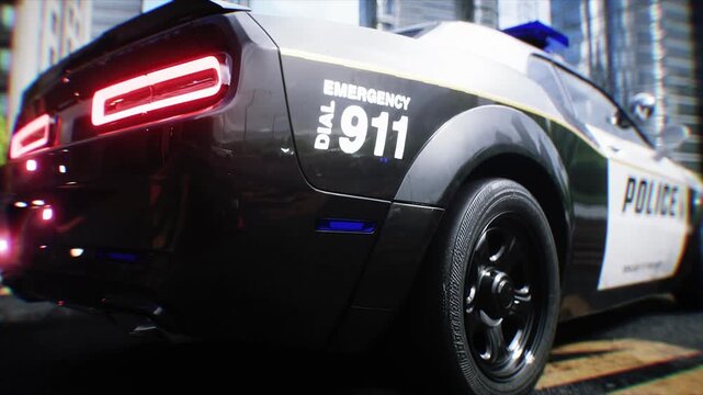 Police Car with Flashing Lights Near Police Department Building. Realistic 4k animation.