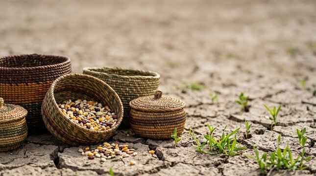 Traditional hand-woven grass baskets with seeds on dry cracked earth for agriculture