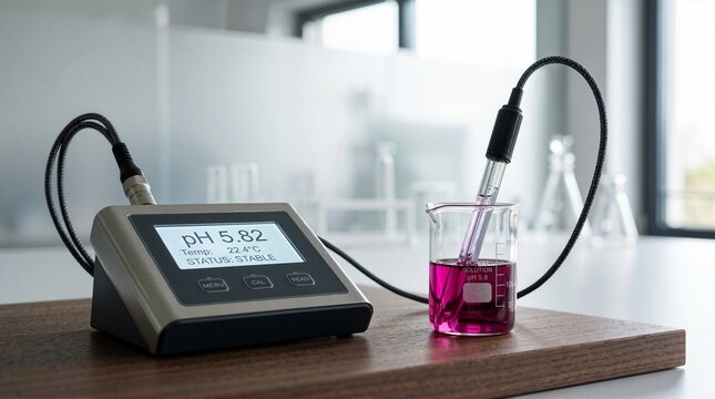 Benchtop pH meter measuring acidity of a purple solution in a beaker. Laboratory equipment displaying stable measurement
